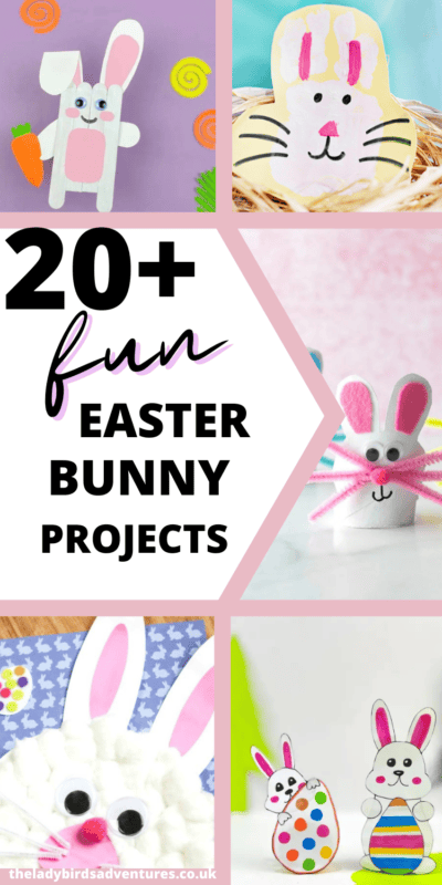 Multiple photos of Easter Bunny crafts. Text reads 20 + fun Easter bunny projects