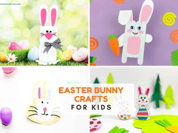 4 photos of Easter Bunnies. Text reads Easter Bunny crafts for kids
