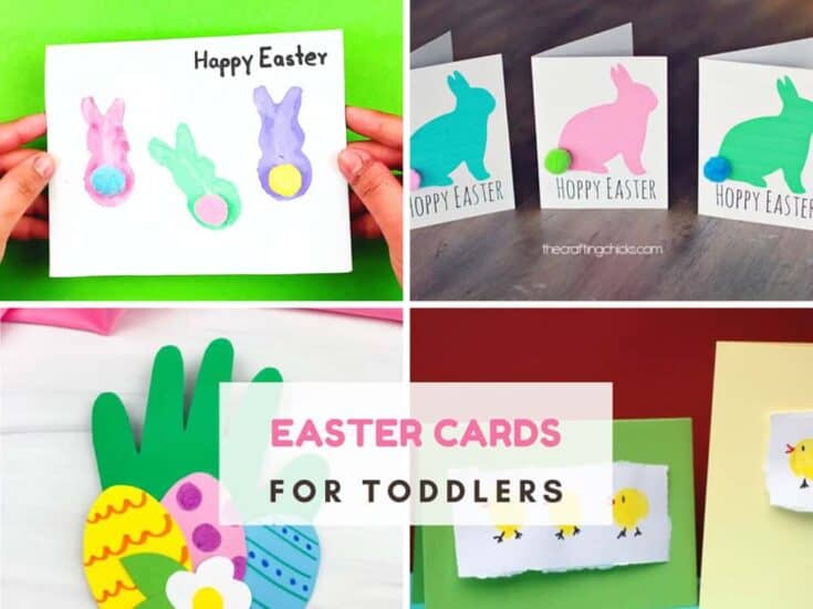 4 photos of Easter cards made by kids. Text reads Easter cards for toddlers