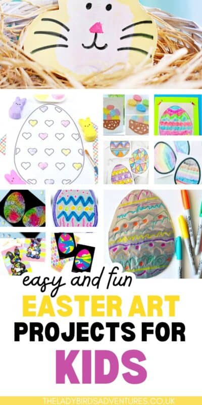 Photos of Easter art projects. Text reads Easy and fun Easter art projects for kids