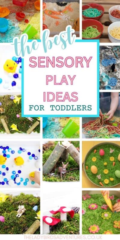 Multiple photos of sensory bins. Text reads the best sensory play ideas for toddlers