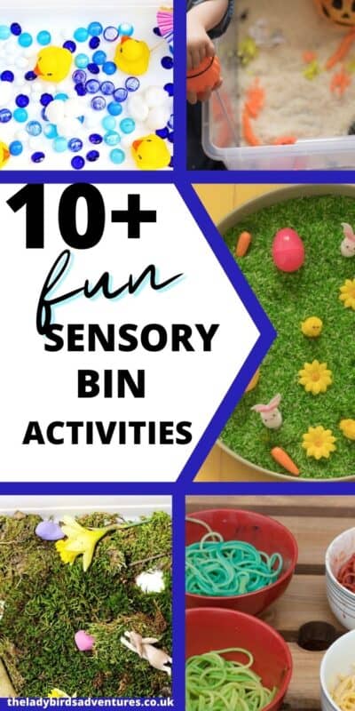 Photos of sensory bins and text that reads 10+ fun sensory bin activities