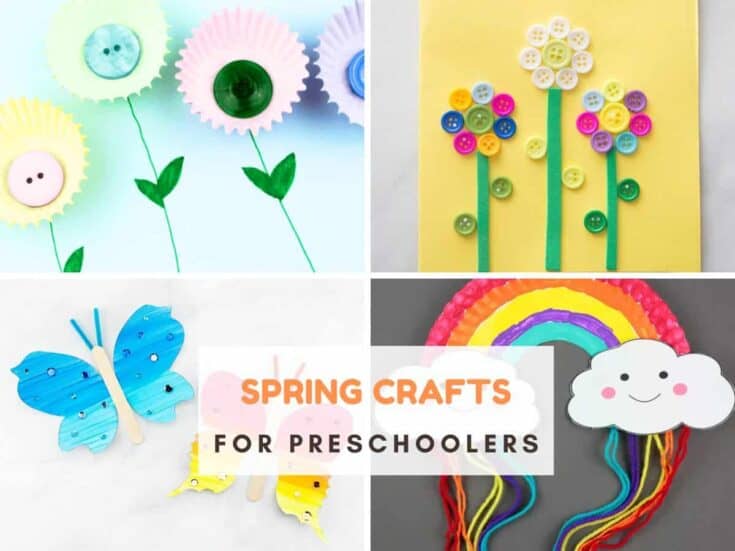 4 photos of flower, rainbow and butterfly kids crafts. Text reads spring crafts for preschoolers