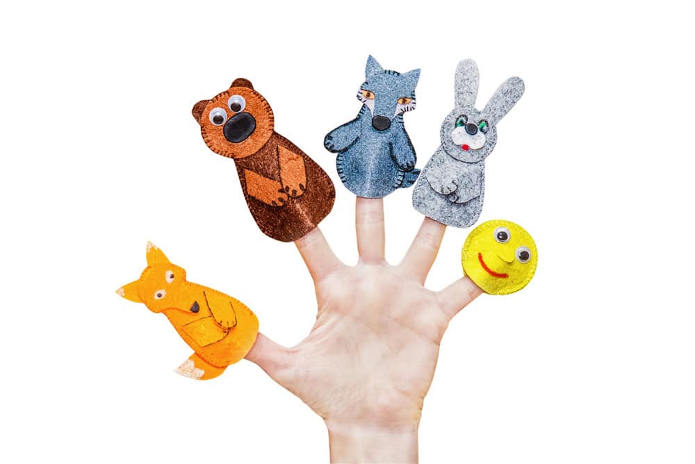 Isolated female hands with fingers theatre puppets from the Russian folk tale "kolobok". isolated on white background