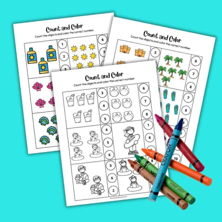 Crayons and pages with beach themed counting activities
