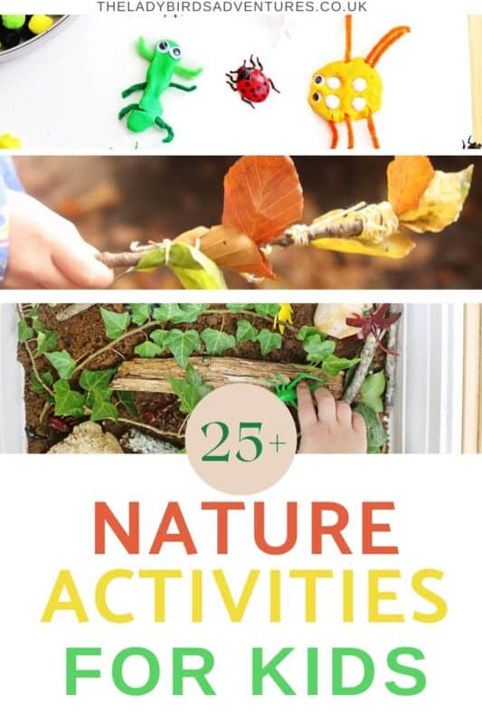 3 photos of play dough bugs, a stick with leaves and a sensory bin of nature. Text reads 25+ nature activities for kids