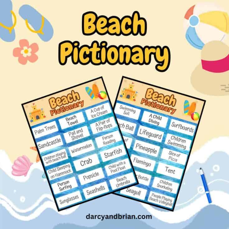 2 images of beach pictionary sheets with a background of beach illustrations