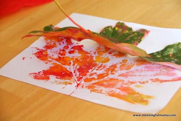 Leaf painted orange being peeled off a sheet leaving a leaf print behind