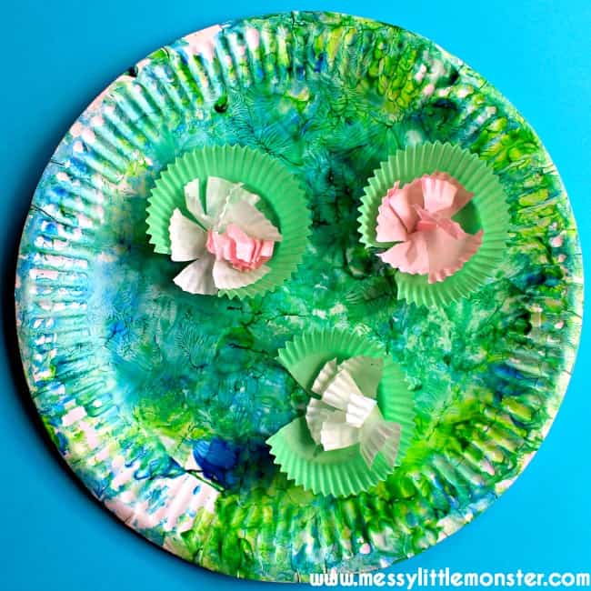 Paper plate painted blue and green with paper lily pads