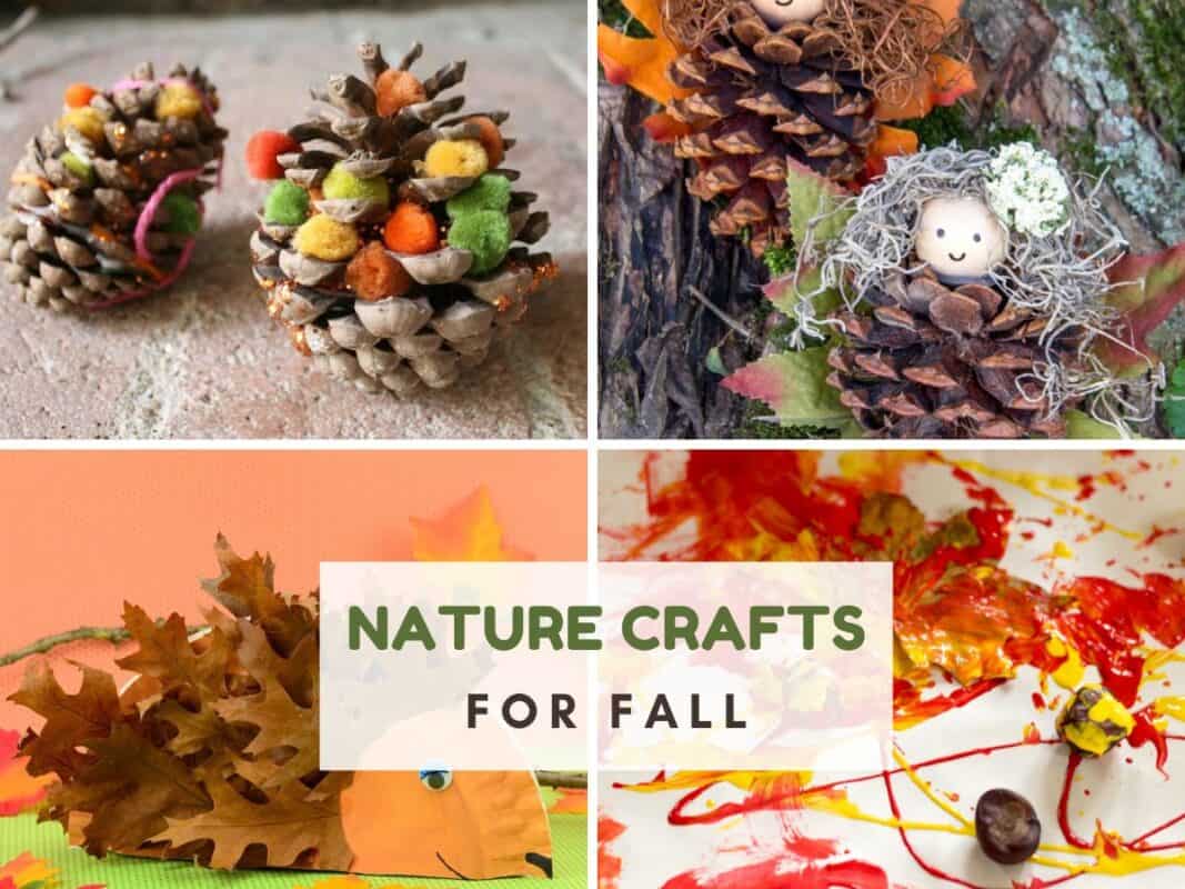4 photos with crafts made out of nature such as pinecones