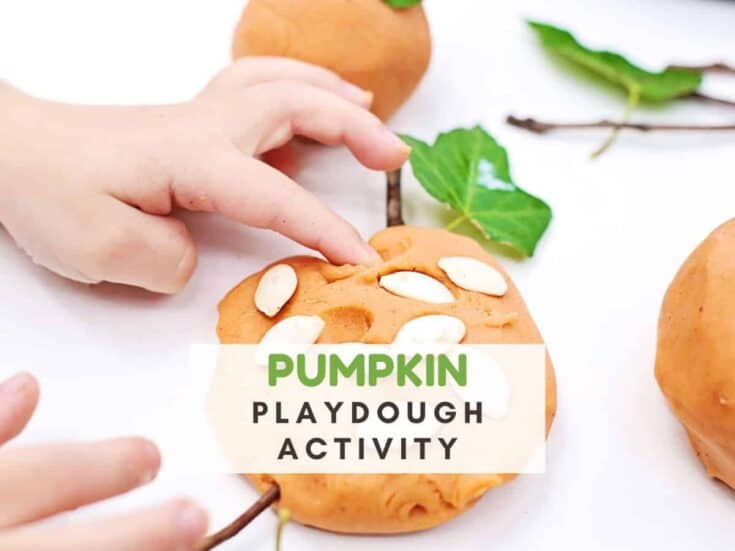Little hands and a pumpkin made of orange playdough. Text reads pumpkin playdough activity