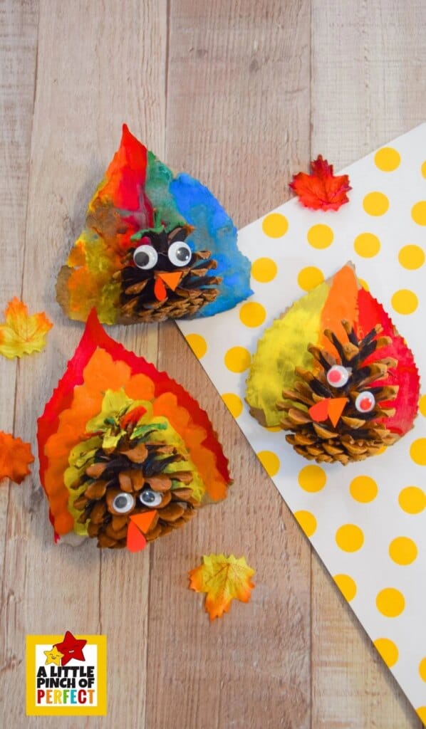 Pinecones decorated to look like turkeys
