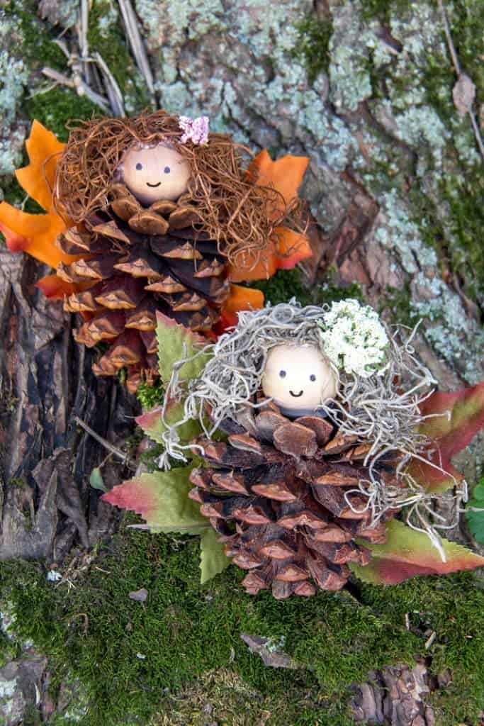 Pinecones crafted to look like fairies