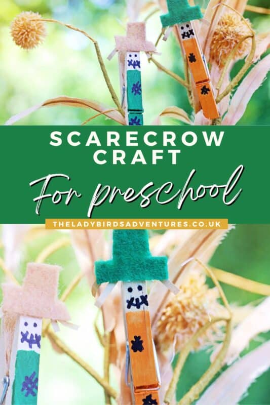 Two photos of wooden pegs crafted into scarecrows. Text reads Scarecrow craft for preschool