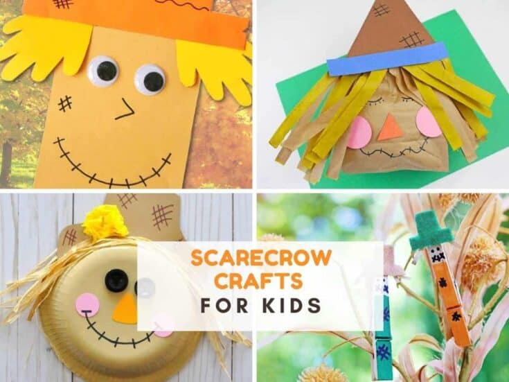 4 photos of crafted scarecrows. Text reads Scarecrow crafts for kids
