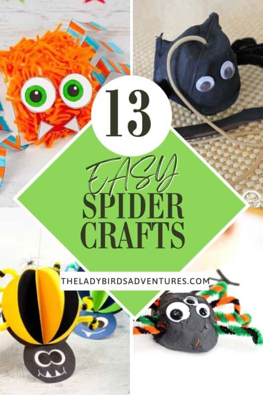 Collage of colorful and playful spider crafts for kids, with a central green diamond label reading '13 Easy Spider Crafts' and the website theladybirdsadventures.com