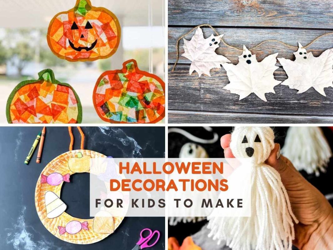 Collage of Halloween decorations for kids to make, including pumpkin suncatchers, ghost leaf garland, a paper plate wreath, and yarn ghosts. Text reads Halloween decorations for kids to make