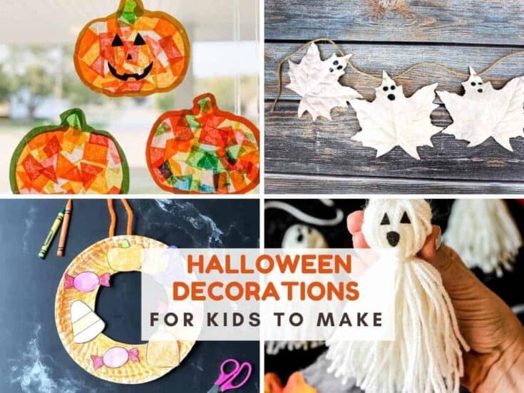 Collage of Halloween decorations for kids to make, including pumpkin suncatchers, ghost leaf garland, a paper plate wreath, and yarn ghosts. Text reads Halloween decorations for kids to make
