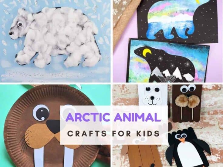 Collage of Arctic animal crafts for kids including painted polar bear art, popsicle stick penguin and owl, cotton ball polar bear craft, and paper plate walrus craft.