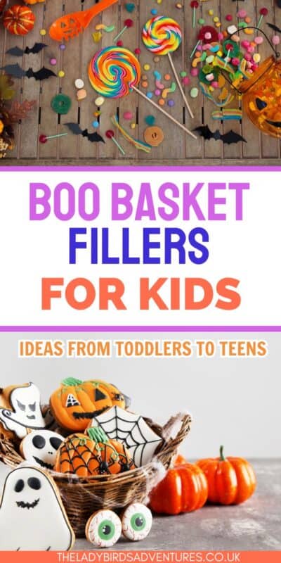 Pinterest graphic showing boo basket fillers for kids with colorful candy, lollipops, Halloween cookies, and pumpkins
