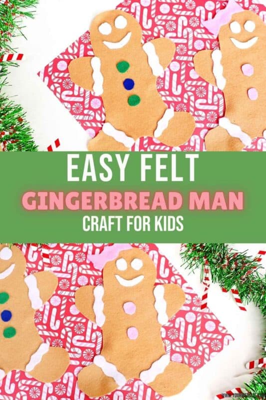 Flat lay image of felt gingerbread man and woman crafts on festive red candy-patterned paper with holiday greenery. Text overlay reads "Easy Felt Gingerbread Man Craft for Kids." Handmade felt decorations with colorful buttons and icing details shown as a fun Christmas activity for children.