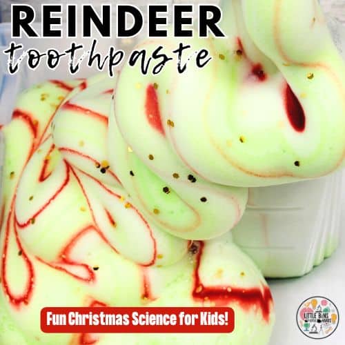 A foamy green and red mixture overflowing from a container, decorated with glitter. Text reads “Reindeer Toothpaste – Fun Christmas Science for Kids.”