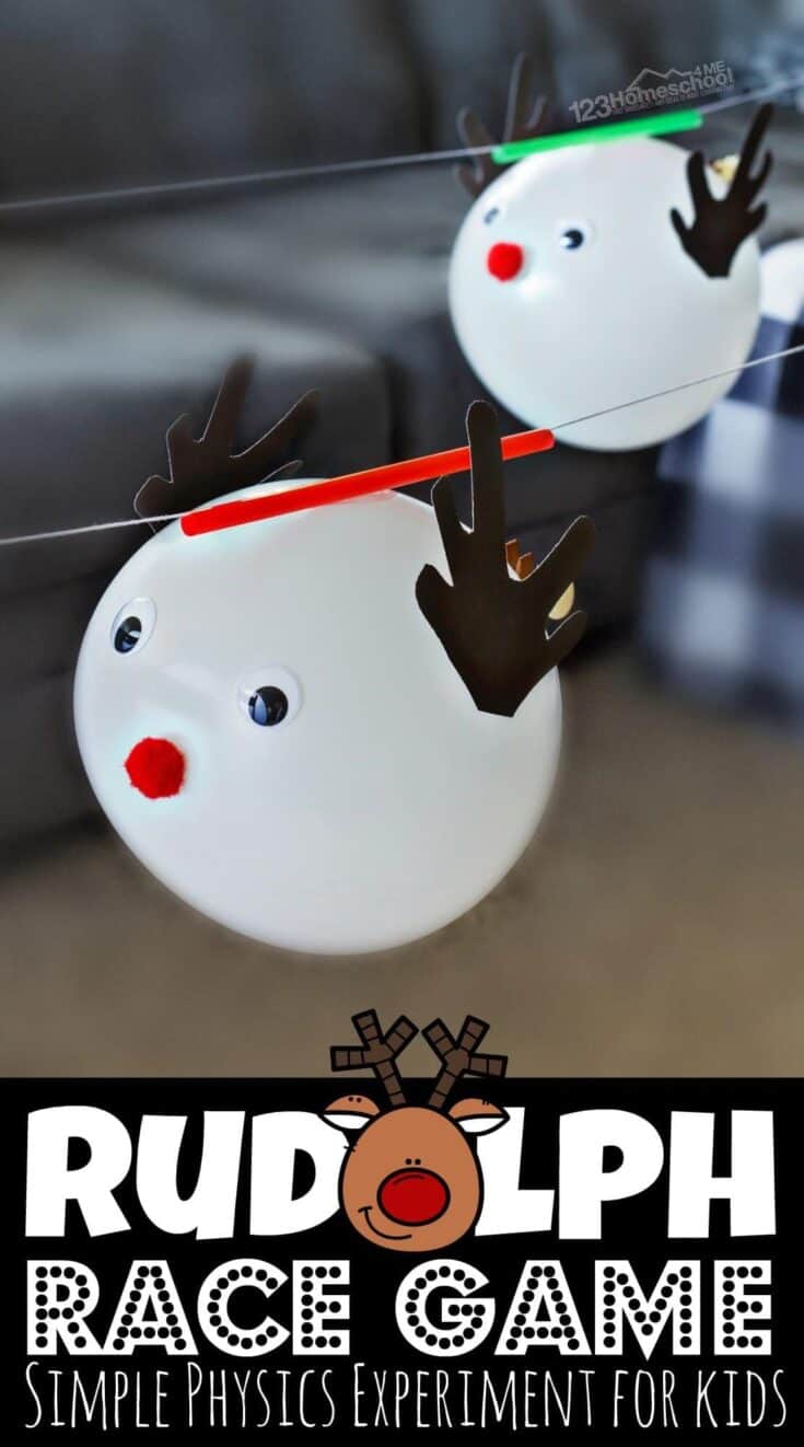 Two white balloons decorated as Rudolph with red noses, black paper antlers, and googly eyes, strung on parallel lines for a racing game. Text reads “Rudolph Race Game – Simple Physics Experiment for Kids.”