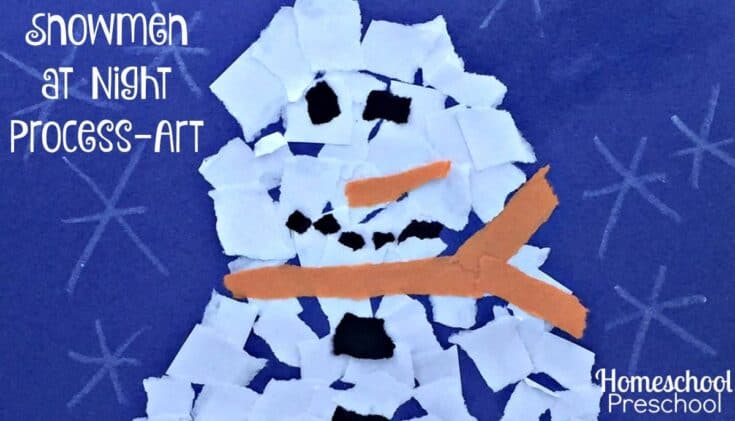 Torn paper snowman craft on dark blue paper, made with white paper pieces for the body, black paper for eyes and buttons, and orange paper for the carrot nose and scarf. The background includes hand-drawn snowflakes, with text reading "Snowmen at Night Process-Art" and "Homeschool Preschool."