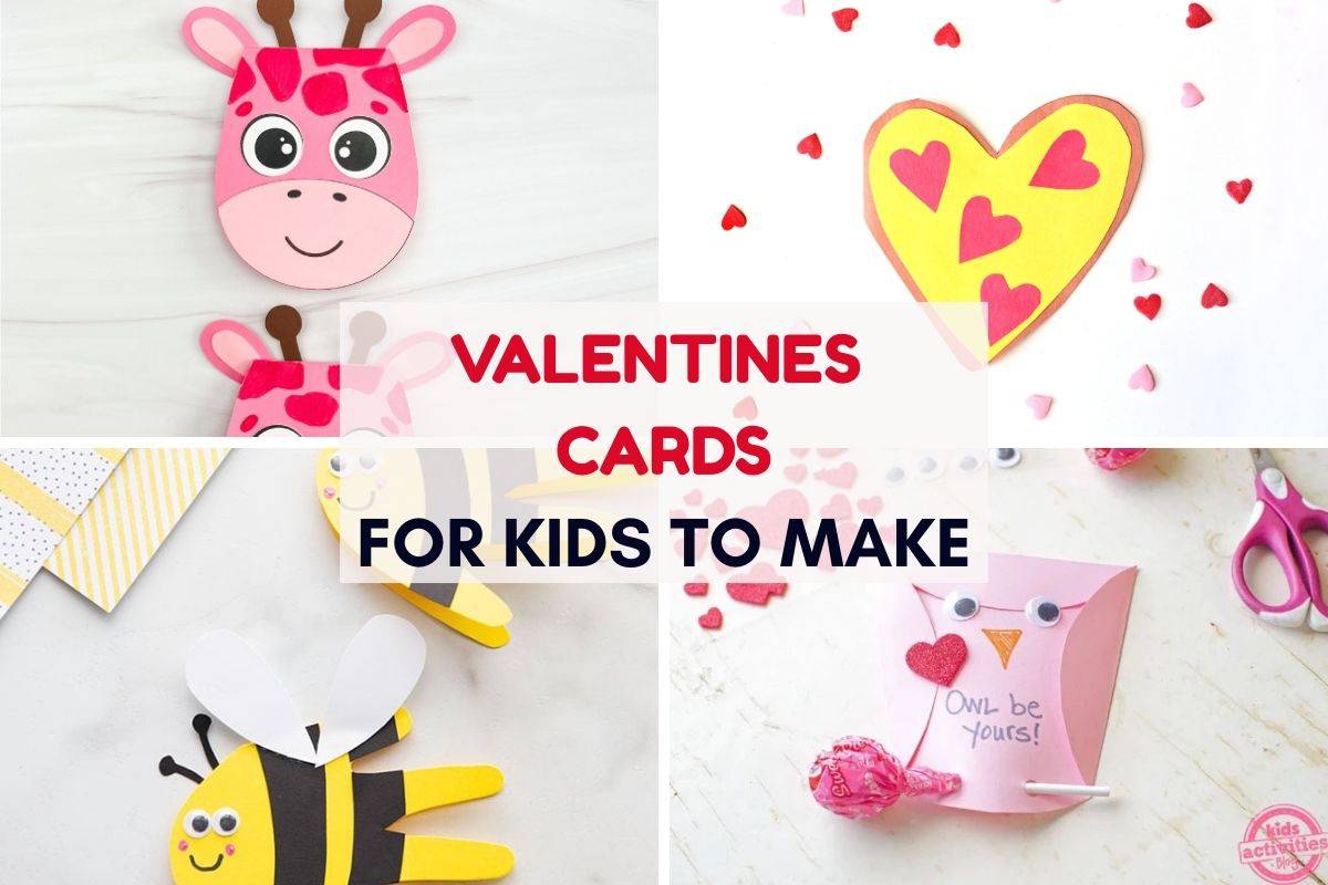 A collage of four kid-friendly Valentine's card crafts features a pink giraffe card with heart-shaped spots, a large yellow and red heart with smaller hearts around it, handprint bee cards with googly eyes and white wings, and a pink owl card holding a lollipop with the message “Owl be yours!” The center of the image reads “VALENTINES CARDS FOR KIDS TO MAKE” in bold red and navy text.