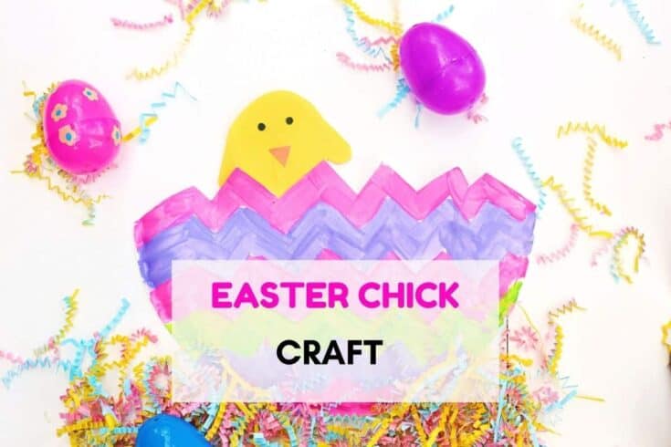 A colorful Easter-themed craft featuring a yellow paper chick peeking out of a zigzag-painted paper egg, surrounded by pink, purple, and blue plastic eggs and shredded paper confetti. The text "Easter Chick Craft" is prominently displayed in bright pink and black font across the center.
