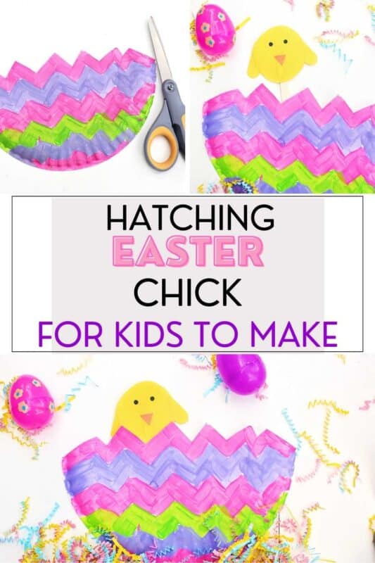 Collage image showing steps and final result of a hatching Easter chick craft for kids. Features a brightly painted zigzag egg made from a paper plate, with a yellow paper chick on a stick peeking out, surrounded by colorful Easter grass and plastic eggs. Text overlay reads “Hatching Easter Chick for Kids to Make.”