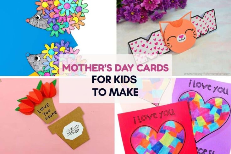 A collage of colorful, kid-friendly Mother’s Day card crafts features flower-covered hedgehogs, a cat-themed “MOM” card with pink hearts, a 3D tulip flower pot card that says “Love You Mom!”, and mosaic heart cards with the phrase “I love you to pieces!”. Centered text reads “Mother’s Day Cards for Kids to Make” in bold pink and navy letters.