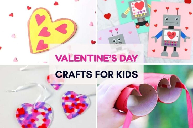 Collage of accessible Valentine’s Day crafts for kids, including a paper heart with cut-out hearts, handmade robot cards with heart decorations, colorful heart-shaped suncatchers, and binoculars made from red-painted cardboard tubes. A banner across the center reads "Valentine’s Day Crafts for Kids" in bold text.