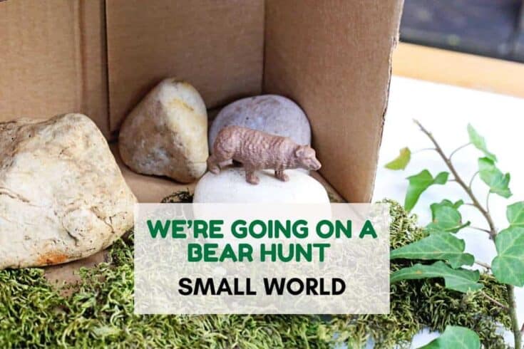 A miniature bear figurine stands on a white rock surrounded by larger stones, moss, and greenery, set inside a cardboard box to mimic a natural habitat. Overlaid text reads “We’re Going on a Bear Hunt Small World,” indicating a themed small world play setup inspired by the children’s story.
