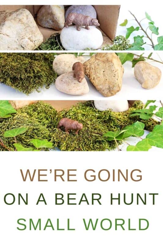 A collage of three small world play scenes features a brown bear figurine among natural elements like rocks, moss, and leafy vines, mimicking an outdoor environment. Each image shows the bear in a different position, emphasizing exploration. Text at the bottom reads “We’re Going on a Bear Hunt Small World,” tying the scenes to the children's story theme.