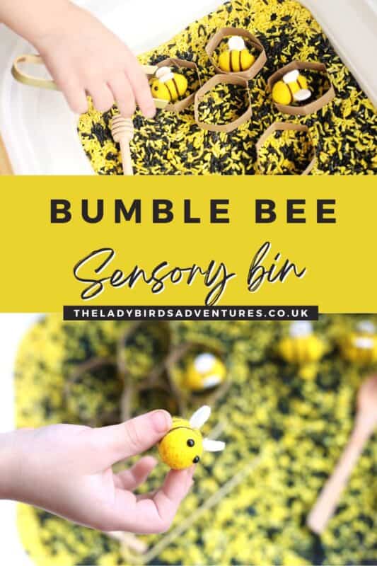 A child plays with felt bees and cardboard honeycomb shapes in a bee sensory bin filled with yellow and black dyed rice, with text reading "BUMBLE BEE Sensory bin" and "THELADYBIRDSADVENTURES.CO.UK" across the center.