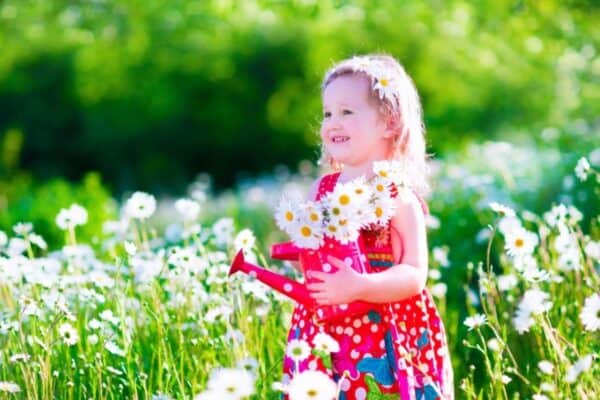 Young girl in a red polka dot dress smiles while holding a small watering can and a bouquet of daisies in a sunlit field of blooming flowers, capturing a joyful moment of gardening with children outdoors.