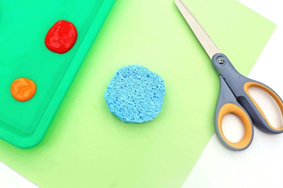 Blue sponge cut into a circle shape beside scissors, green paper, and paint on a tray for a sponge painted caterpillar craft. Red and orange paint are visible on the tray as supplies are prepared for the caterpillar art activity.