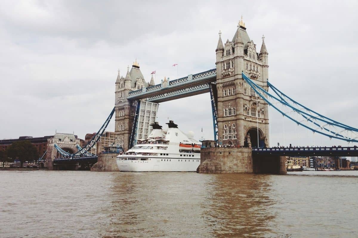 Tower Bridge over the River Thames on the northern edge of Southwark, London.