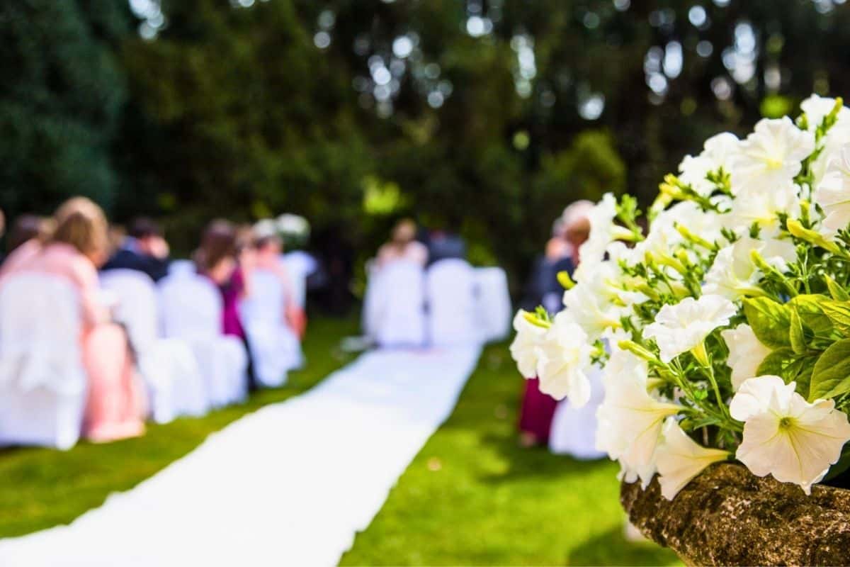 Outdoor wedding ceremony set in a garden with a white aisle runner leading between rows of seated guests. White flowers in the foreground frame the scene while wedding guest outfits in soft colors are visible among attendees seated on either side of the aisle.