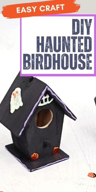 A black birdhouse decorated with purple trim, a white ghost, and small orange jack o lanterns, shown beneath the text "EASY CRAFT" and "DIY HAUNTED BIRDHOUSE." The design promotes a simple haunted birdhouse craft for Halloween.